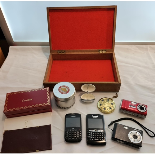 220A - Felt Lined Wooden Box containing Cameras, Vintage Mobile Phones, Cartier Sunglasses Case, etc.