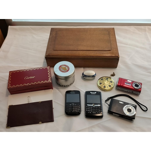 220A - Felt Lined Wooden Box containing Cameras, Vintage Mobile Phones, Cartier Sunglasses Case, etc.