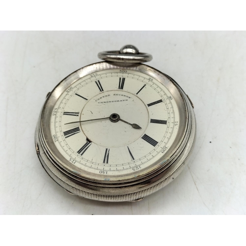 257 - Centre Records Chronograph Pocket Watch. Chester Hallmarked Silver Cased 100 Grams. Slight at fault ... 