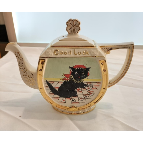 278 - Arthur Wood 'Lucky Black Cat' Teapot. 17cm High, 24cm x 9cm.