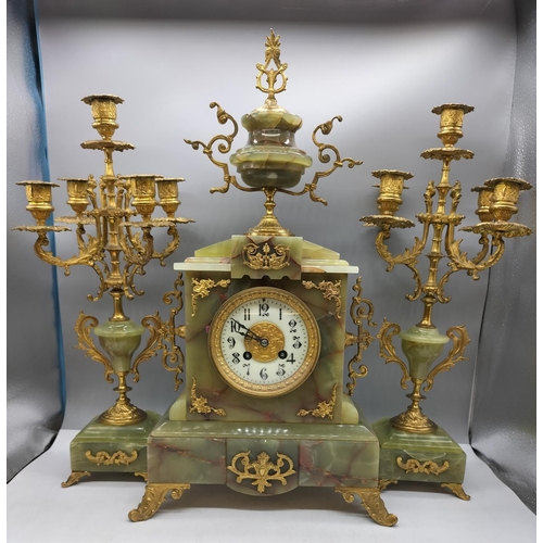 28 - Brass and Onyx French? Garniture Mantle Clock W/O. 51cm High.