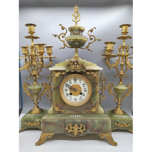 28 - Brass and Onyx French? Garniture Mantle Clock W/O. 51cm High.