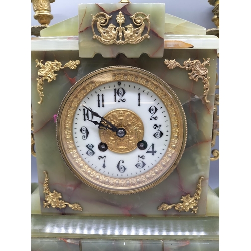 28 - Brass and Onyx French? Garniture Mantle Clock W/O. 51cm High.