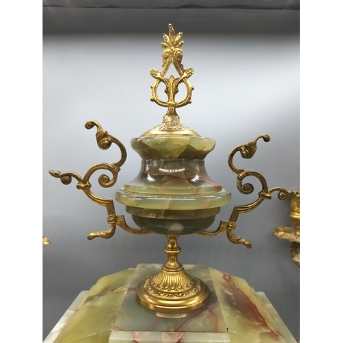 28 - Brass and Onyx French? Garniture Mantle Clock W/O. 51cm High.