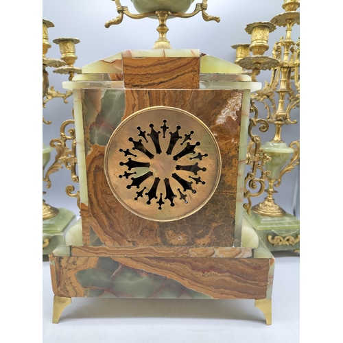 28 - Brass and Onyx French? Garniture Mantle Clock W/O. 51cm High.