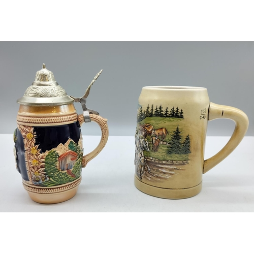 288 - Lidded Gerz, West German Embossed Stein plus 1989 Horse and Carriage 0.5ltr Embossed Stein.