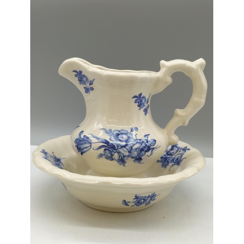 306 - D N Ironstone Blue and White 15cm Jug and 21cm Diameter Bowl.