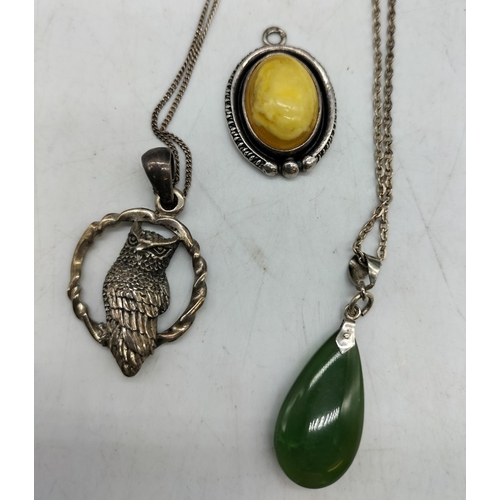 319 - Jade Dropper Necklace, Owl Design Necklace plus Scotch Amber Pendant.