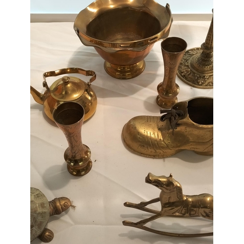 321 - Basket of Mixed Brass Items to include Teapot, Candelabra, etc