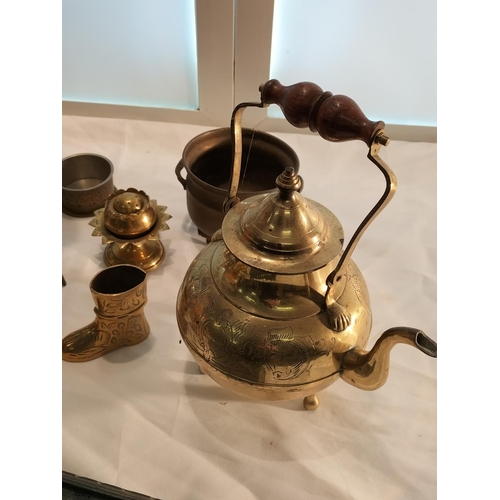 321 - Basket of Mixed Brass Items to include Teapot, Candelabra, etc