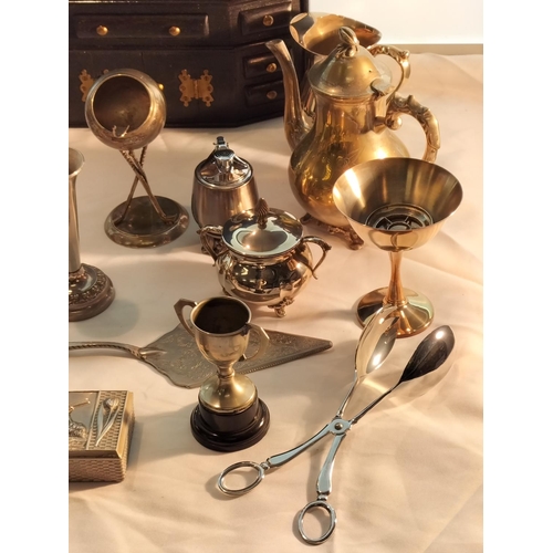 327 - Box of Silver Plate Items plus Small Display Unit. 43cm High, 33cm x 7cm.