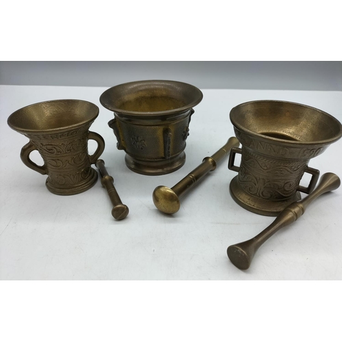 33 - Brass Pestle and Mortars in Different Designs (3). 7.5cm High.