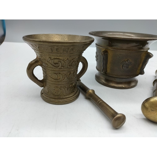 33 - Brass Pestle and Mortars in Different Designs (3). 7.5cm High.