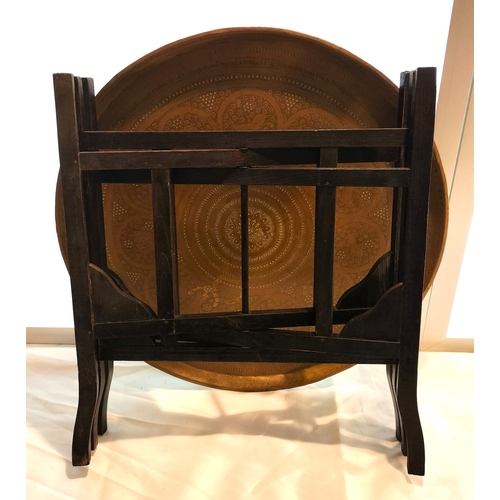 347 - North African Etched Brass Topped Folding Table. 58cm Diameter, 58cm High.