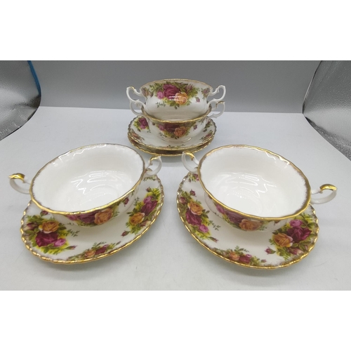 363 - Royal Albert Twin Handled Soup Coupes and Saucers (4) in the 'Old Country Roses' Pattern. 1 Coupe Ch... 