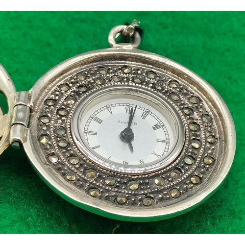 41 - 925 Silver Cocktail Watch with Marcasite Stone. 3.5cm Diameter. Boxed.