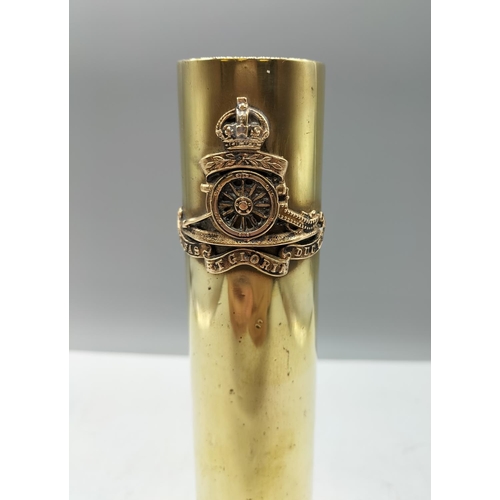 71 - Brass Shell with Royal Artillery Emblem 1942. 25cm High.