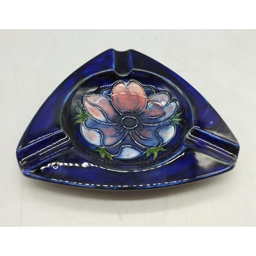 75 - Moorcroft Triangular 14cm Ashtray in the 'Blue Hibiscus' Colourway. With Original Sticker.