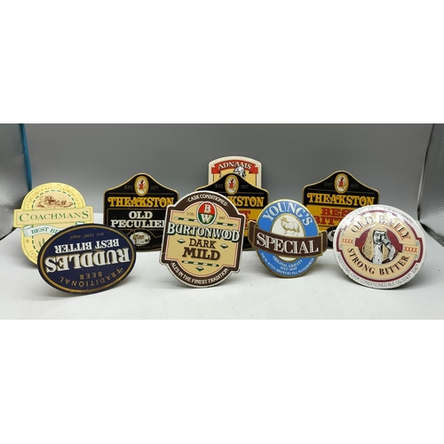 79 - Collection of Beer Pump Advertising Plaques including Theakstones, Ruddles, Youngs, etc.