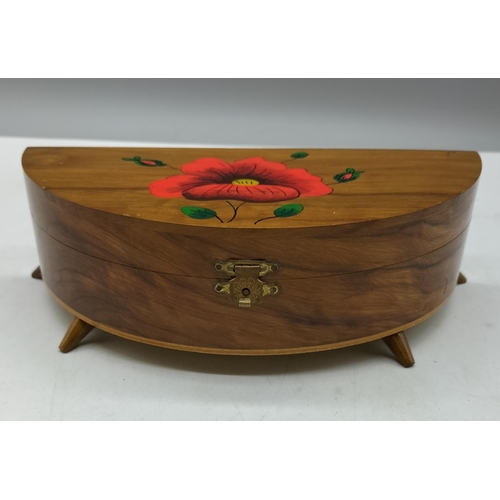 80 - Wooden Half Moon Poppy Design Jewellery Box with Legs. 6.5cm High, 20cm x 10cm.