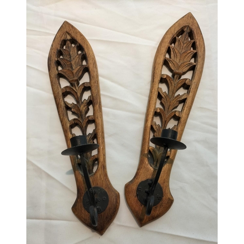 233 - Pair of Gothic Style Oak Wall Plaques with Candle Holders. 47cm High.