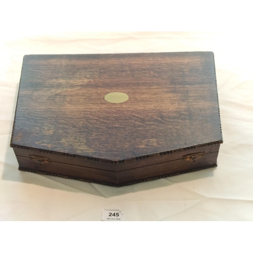 245 - Mahogany and Brass Inlay Cutlery Box with Contents. 8cm High, 43cm x 32cm.