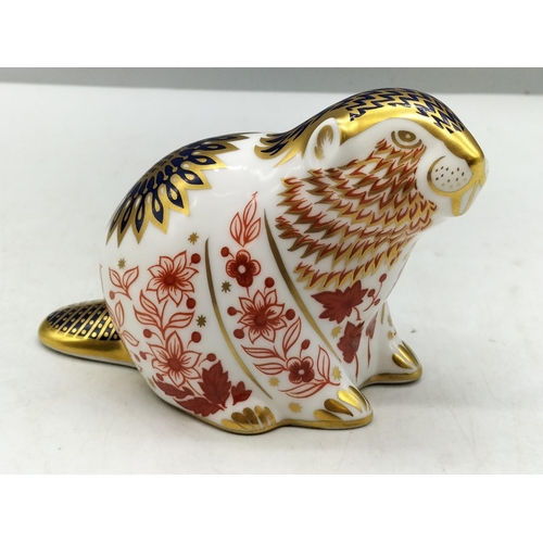 120A - Royal Crown Derby Paperweight 'Beaver' with Date Code for 1996, Gold Stopper, Red Royal Crown Derby ... 