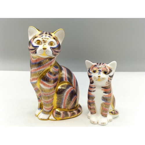 65A - 2 x Royal Crown Derby Paperweights, 'Cat' and 'Kitten', both have the Red Royal Crown Derby Stamp on... 