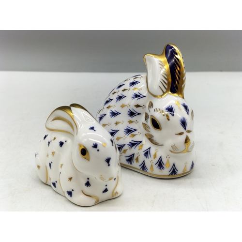 70A - 2 x Royal Crown Derby Paperweights, 'Rabbit' (date mark for 1989, gold stopper) and 'Baby Rabbit' (d... 