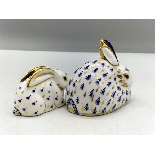 70A - 2 x Royal Crown Derby Paperweights, 'Rabbit' (date mark for 1989, gold stopper) and 'Baby Rabbit' (d... 