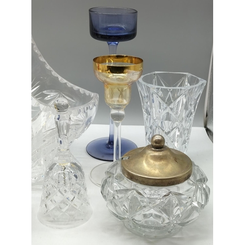 929 - Box of Good Glass Items including Basket, Vases, Clock, Perfume Bottle, etc.