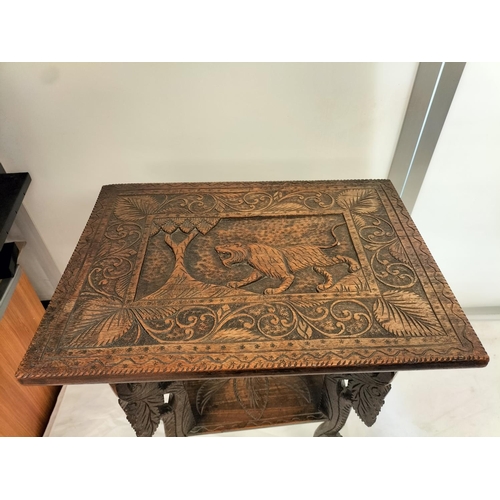 674 - Decorative Indian Carved Wooden Table. 51cm x 38cm x 64cm. This Lot is Collection Only.