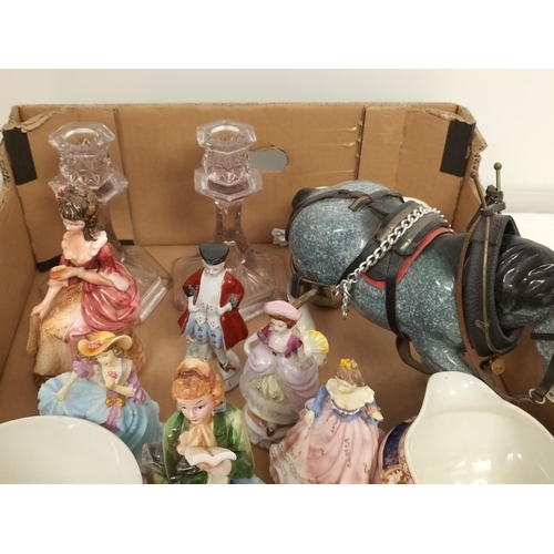 722 - Box of Mixed Pottery to include Lady Figures, Horse Figures, Glass Candlesticks, etc.