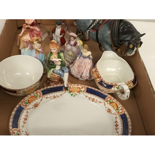 722 - Box of Mixed Pottery to include Lady Figures, Horse Figures, Glass Candlesticks, etc.