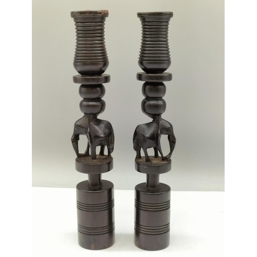 863 - Wooden Native Art 21cm Candlesticks (2)