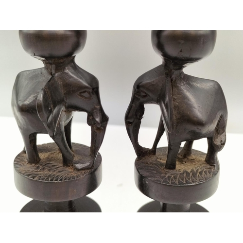 863 - Wooden Native Art 21cm Candlesticks (2)