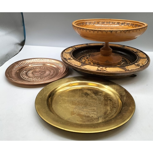 876 - Brass Plates (2), Decorative Wooden Plate plus Dish.