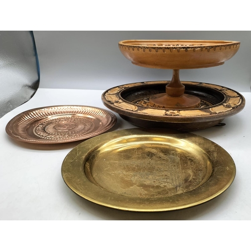 876 - Brass Plates (2), Decorative Wooden Plate plus Dish.