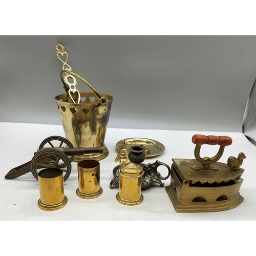 901 - Collection of Brass Items including Bucket, Iron, Cannon, Spoon, etc.