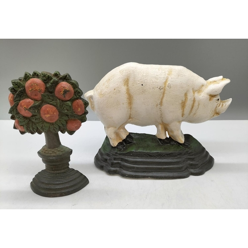 924 - Cast Metal Doorstops (2) - Pig (22cm x 17cm) plus Fruit Tree.