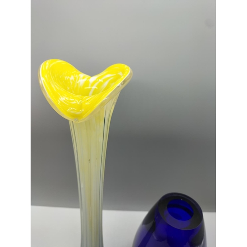 347 - Tall 40cm Yellow Glass Vase plus 22cm Cobalt Blue Vase.