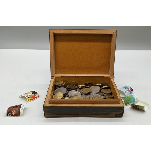 999 - Small Wooden Box of Coins and Stamps.