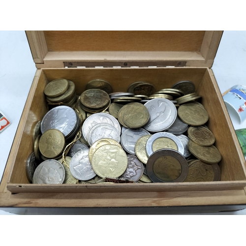 999 - Small Wooden Box of Coins and Stamps.