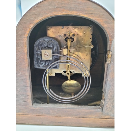 298 - Early 20th Century Westminster Chiming Oak Mantle Clock with Pendulum and Key.