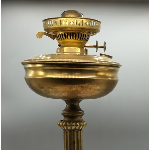 312 - Columned 51cm Brass Oil Lamp and Funnel.