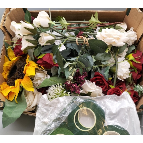 446 - Box of Assorted Artificial Flowers, Florist Wire and Florist Tape.