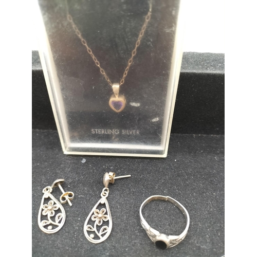 698 - Silver Heart Stone Set Necklace, Earrings and Ring. (Ring A/F).