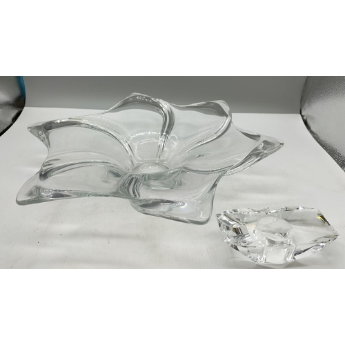 820 - French Glass 38cm Bowl plus Oleg Cassini Candle Holder (13cm x 25cm). Mark on Glass.