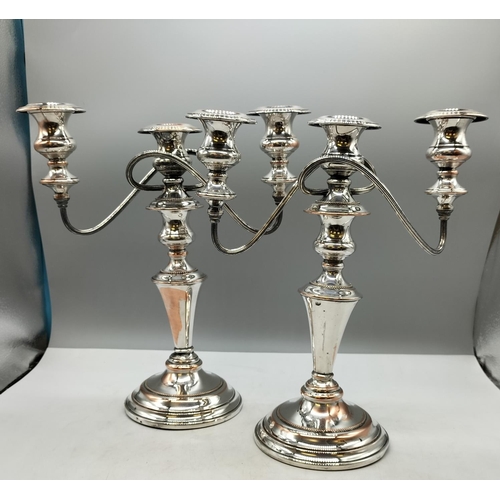 822 - Silver Plate 32cm Candelabras (2). Wear to Plate.