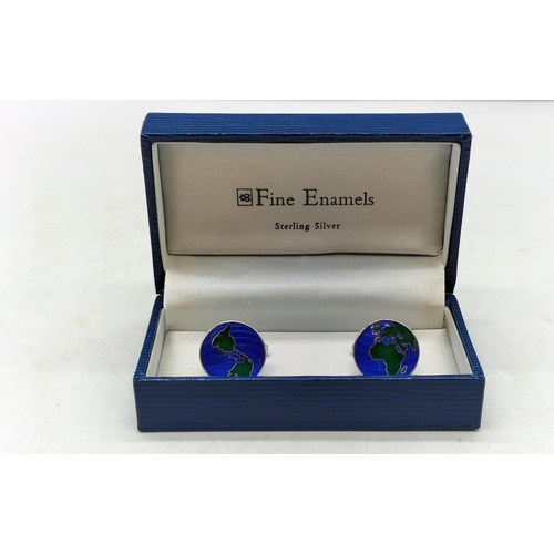 950A - 925 Silver and Enamel 'World Map' Cufflinks - Boxed.